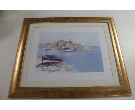 A signed colour print, continental landscape, antique portrait picture etc 