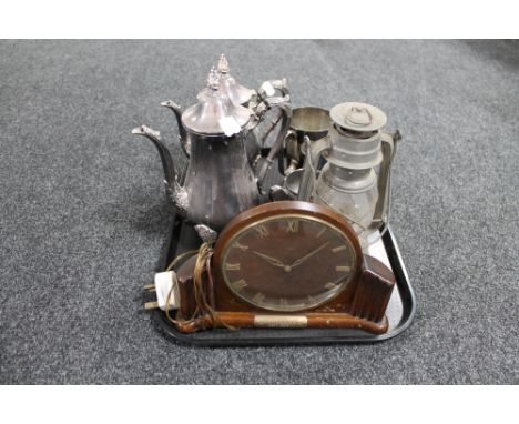 A tray of silver plated tea service, metal oil lamp, mahogany mantel clock 