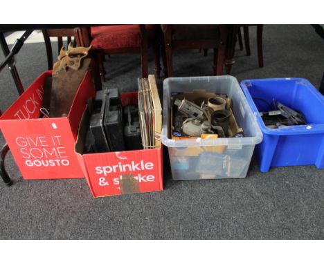 Four boxes of tools, blow torch, saws etc 