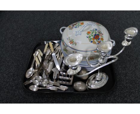 A tray of Tunstall tureen cover and plates, silver plated items, cutlery 