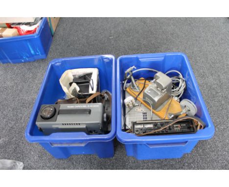 Two boxes containing Kodak carousel, cine camera, portable receiver 