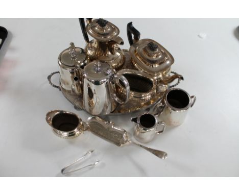 A tray of silver plated tea service and other plated items 