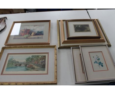 A quantity of pictures, watercolour drawing of the Tyne Bridge, colour print signed in pencil 
