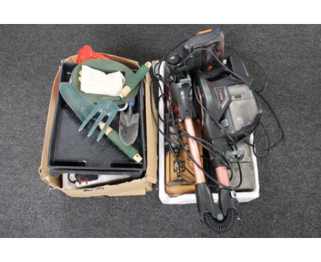 Five boxes of Shark vacuum, miscellaneous tools, bag of newspapers, Royal Worcester plates, copper ware etc 