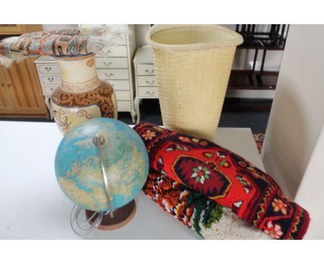 A decorative oriental style vase together with desk globe, wall hanging, linen basket 