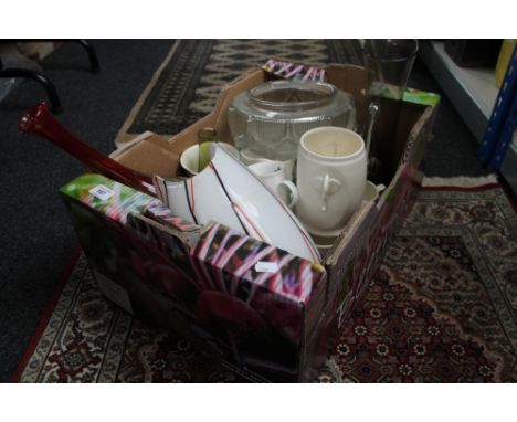 A box of decorative glass vase, Ducal ware caddies, glass light shade etc 