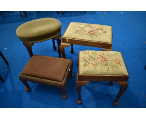 A selection of stools, in the early 20th Century Queen Anne style , two having tapestry, one oval with dralon uphpolstery and