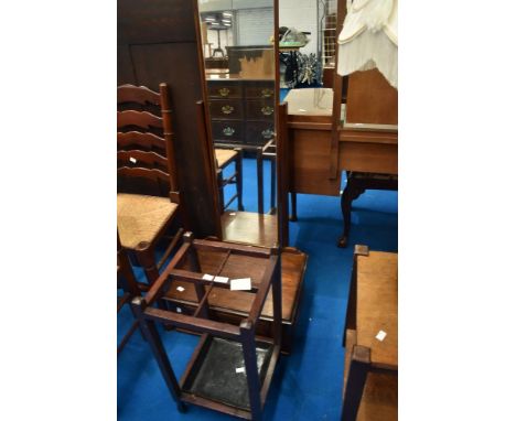 A cheval mirror on drawer base and a stained frame stick stand