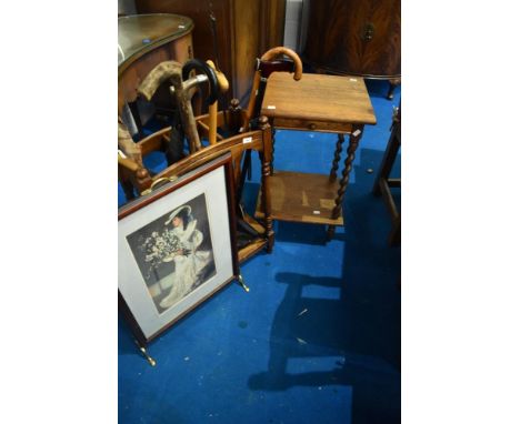 An early 20th Century oak stick stand and sticks, similar occasioonal table, and modern fire screen