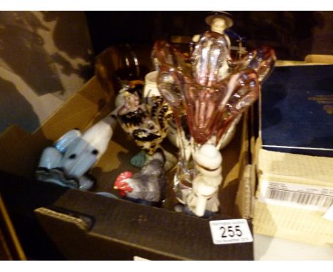 Two boxes of mixed ceramics and glass including a pair of ceramic hens