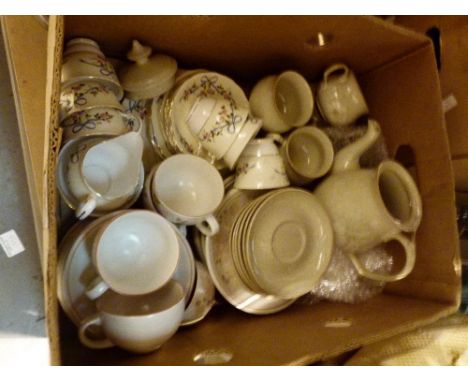 Box of assorted ceramics including Denby Daybreak, Colclough tea service and Boots Hedge Rose