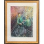 Juliet Wimhurst (British, contemporary), abstract figures with bicycles, mixed media on paper,