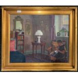 Hans Koefoed Jesperson (1884-1975), Danish interior with a young girl sewing, signed, 47.5x57cm,