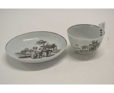 A Worcester porcelain tea bowl and saucer, black printed with the Milkmaid design