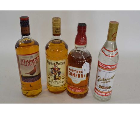 Southern Comfort 1L, Captain Morgan Origianl Spiced Gold 1L, Famous Grouse Blended Scotch Whicky 1L, Stolinchnaya Vodka 70cl,