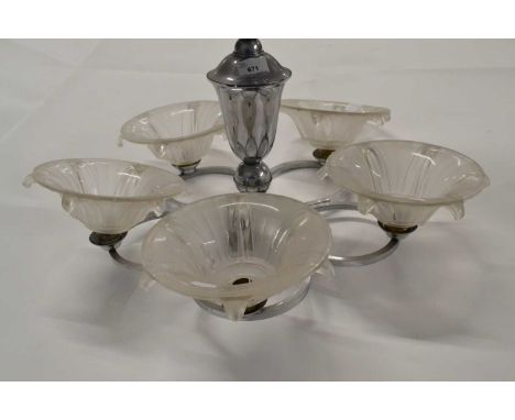 An Art Deco chrome and frosted glass five light ceiling light fitting, 66cm high