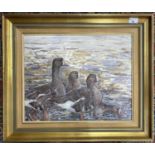Robert Aberdein (British,b.1963), Wading Geese, oil on board, monogrammed, 50x40cm, framed