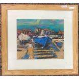 British, contemporary, Beached fishing boats, inscribed on back board 'Take a break Aldeburgh',