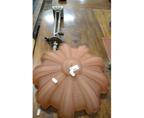 An Art Deco chrome and frosted peach glass ceiling light fitting with ribbed moulded shade, approx 50cm high