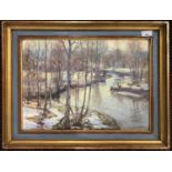 Nils Olzen (Swedish,1891-1953), Winter landscape with meandering river, oil on canvas, signed,