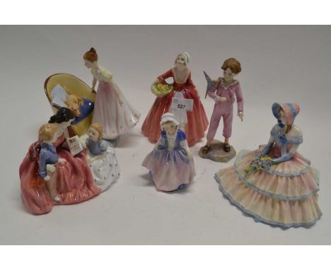 Group of Royal Doulton figurines including Janet, Beat you to It and Daydreams, also a Royal Worcester model of a Parakeet by