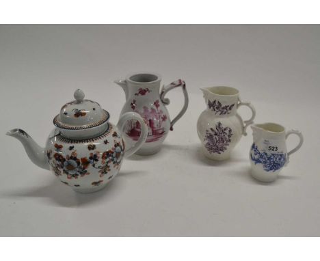 An 18th Century Penningtons, Liverpool teapot and cover together with a continental porcelain jug decorated in puce camieau i