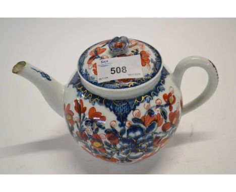A Worcester porcelain teapot with blue and white design and clobbered overglaze red enamels