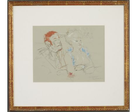 Jack Levine (1915-2010). Pencil and colored pencil on paper titled "Facing East." Drawing is inscribed "At Amelio's, San Fran