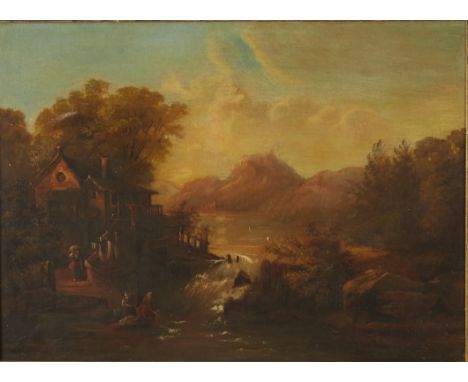 Oil on panel. Continental School landscape painting depicting women doing laundry by a river next to a building. Ca. 18th cen