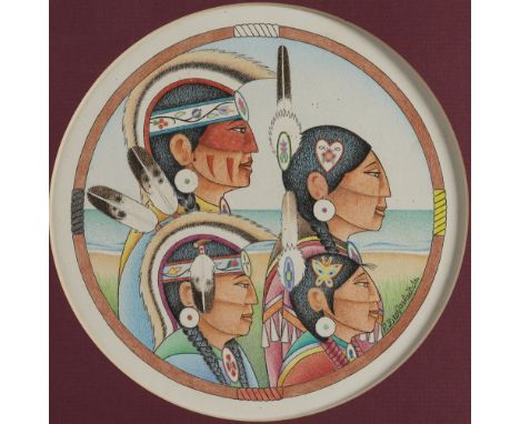 Patrick DesJarlait Sr. (1921 - 1972). Modernist color pencil and graphite drawing of a Native American family in profile. Sig