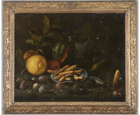Old Master, Dutch School. Oil painting on panel depicting fruit and bread, c. 17th century. Provenance: Distinguished corpora