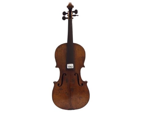 Late 19th century Stradivari copy violin, 14 3/16", 36cm, nickel mounted bow stamped Pfretzschner and another, case