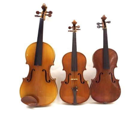 Contemporary viola and two contemporary violins, bow