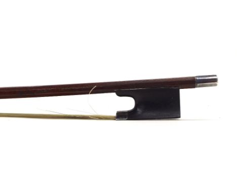 Silver mounted violin bow, indistinctly stamped, 54gm (no lapping and partially haired)