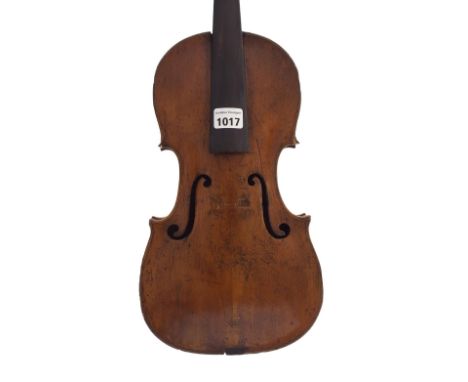 19th century English violin indistinctly inscribed in pencil to the inner back and branded below the button (possibly Ewins),