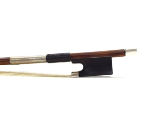 English silver mounted violin bow by W.E. Hill & Sons and stamped Hill, the stick round, the ebony frog plain and with a silv