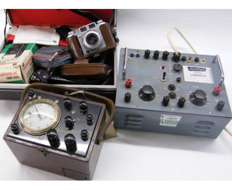 Radford Universal lab pack; together with a wooden cased portable volt meter and a vintage Baldina analogue camera (3) 