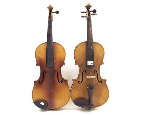 Stradivarius copy violin circa 1920, 14 1/16", 35.70cm; also another mid 20th century violin, 14 5/16", 36.40cm (2)