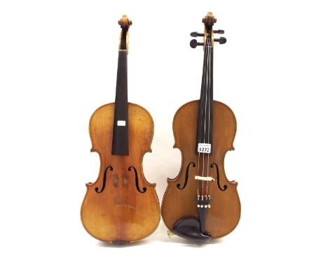 Early 20th century violin labelled Metropole Brand...Saxony, 14 1/16", 35.70cm; also a Stradivarius copy violin circa 1910, 1