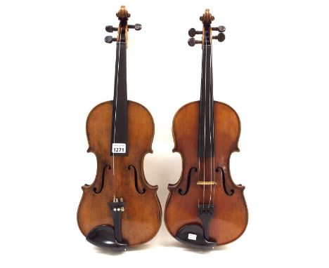 Early 20th century violin, 14 1/8", 35.90cm; also another Stradivarius copy violin, 14 1/8", 35.90cm (2)