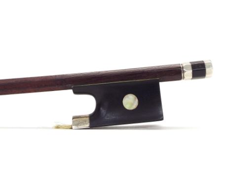 German silver mounted violin bow, indistinctly stamped, 48gm (without hair and lapping)