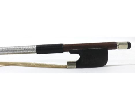 Nickel mounted violoncello bow stamped H.R. Pfretzschner, the stick round, the ebony frog plain and with a nickel overlaid eb