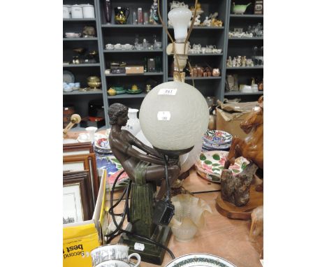 A deco style resin modelled as a young lady holding a globe also gilt column lamp and glass shade