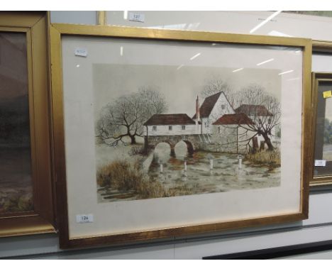An artist draft print after Jeremy King, Bray Mill House and pond, signed, 12 x 18 inches 