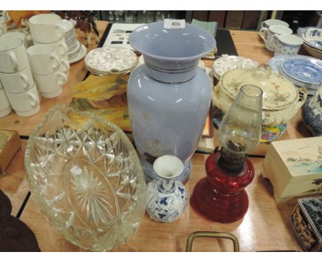 A selection of ceramics and glass ware including Meissen vase,  ruby oil lamp, vase etc