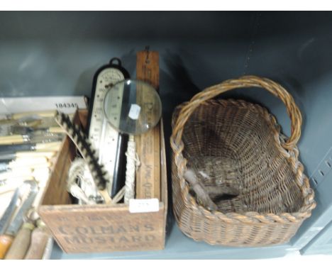 A miscellaneous selection including basket, thermometer, magnifying glass and A&F Pears advertising ruler 