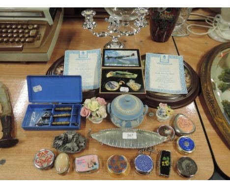 A miscellaneous selecion including pill boxes, airforce related enamel pen knife, pocket watch and chain, two Wedgwood collec