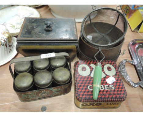 A selection of vintage kitchenalia including tin tea caddy, spice pots, OXO tin etc