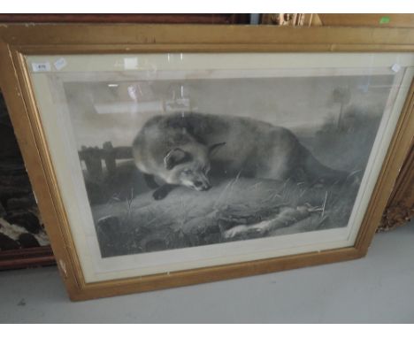 A large vintage monochrome print depicting Fox and snared Hare titled Not Caught Yet