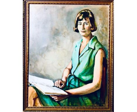 WOOLCOTT- THE READING, LARGE OIL ON CANVAS PORTRAIT, APPROXIMATELY 90cm x 70cm